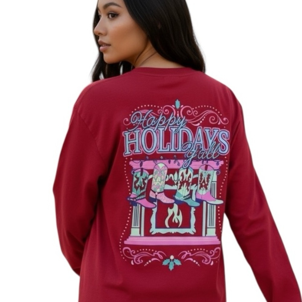 Benny & Belle XL 100% Cotton Red Happy Holidays Western Long Sleeve Shirt